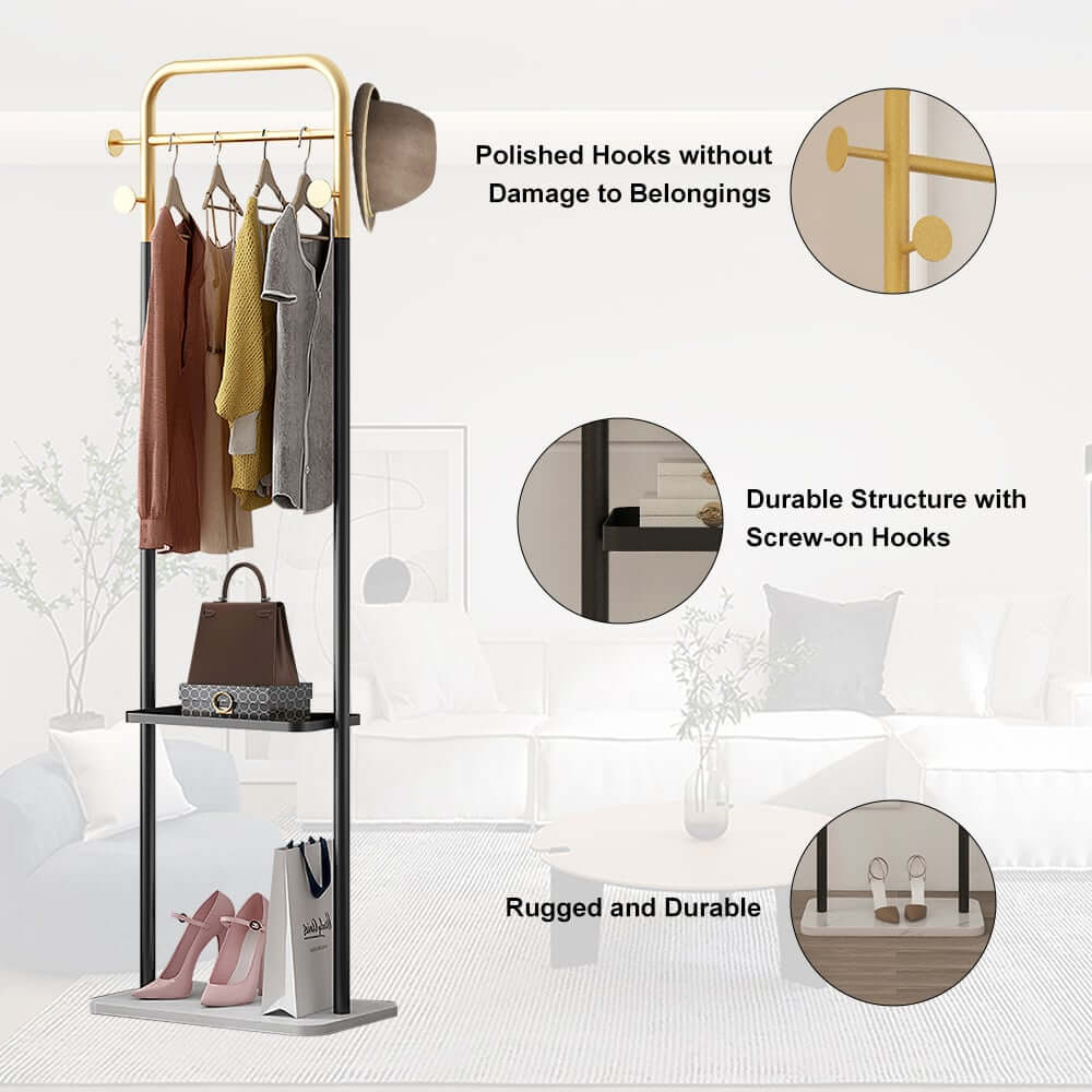 Modern Freestanding Garment Rack with Shelf and Marble Base