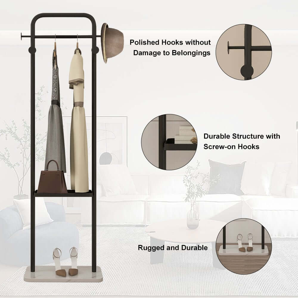 Modern Freestanding Garment Rack with Shelf and Marble Base