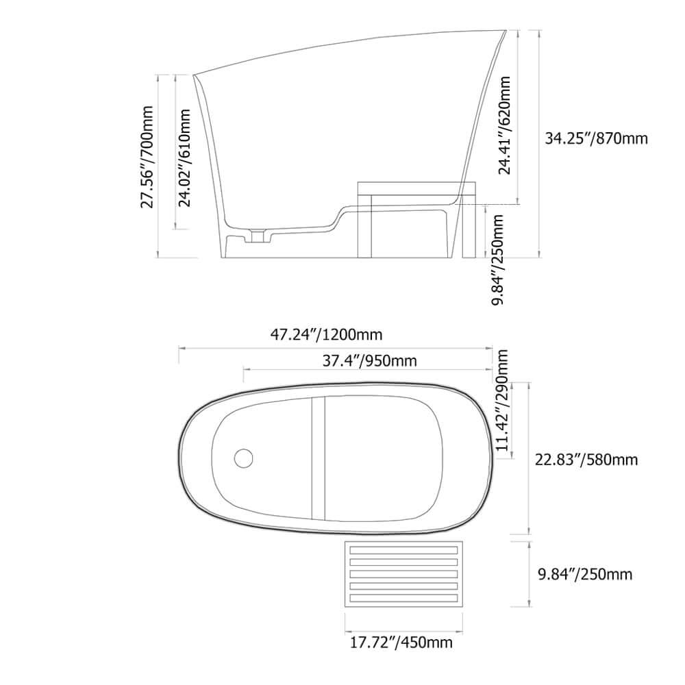 Modern Freestanding Single Slipper Bathtub with Integrated Seat Dimensions