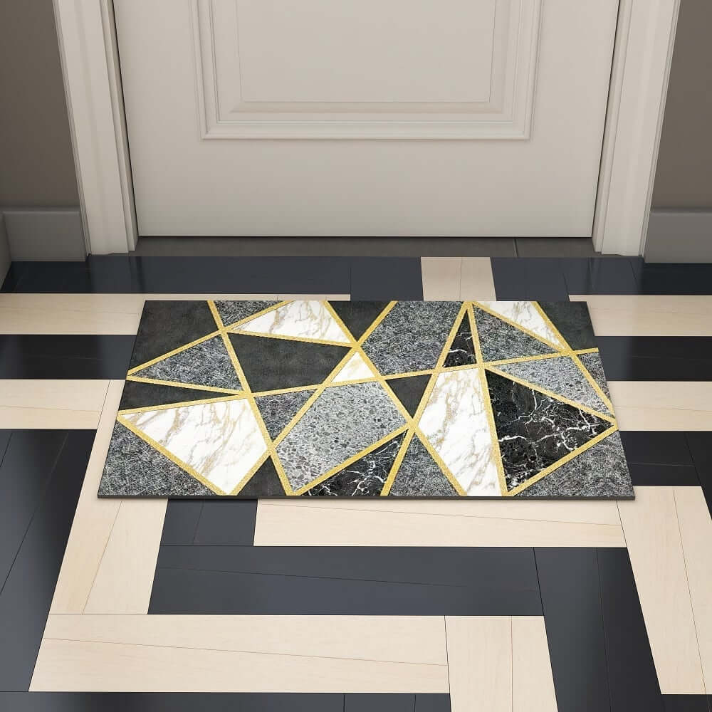 Modern Geometric Bath Rug with Abstract Multi-Color Design