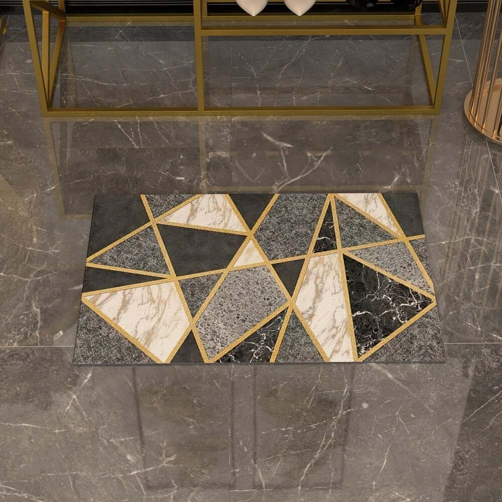 Modern Geometric Bath Rug with Abstract Multi-Color Design