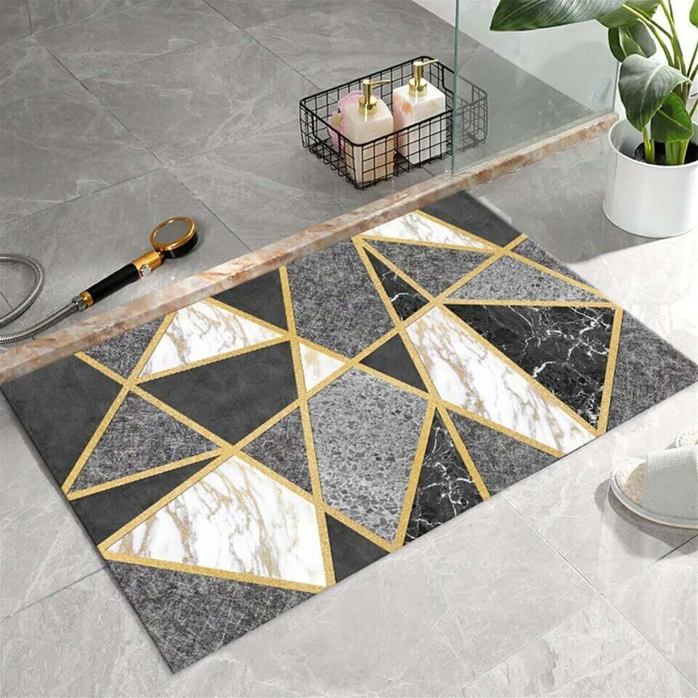 Modern Geometric Bath Rug with Abstract Multi-Color Design