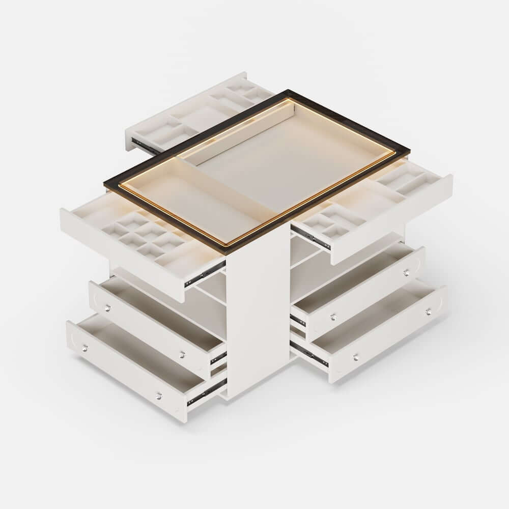 Modern Glass Closet Island with LED Lighting and 9 Drawers