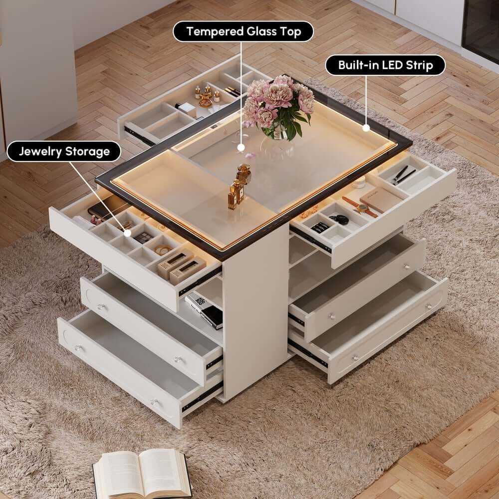 Modern Glass Closet Island with LED Lighting and 9 Drawers