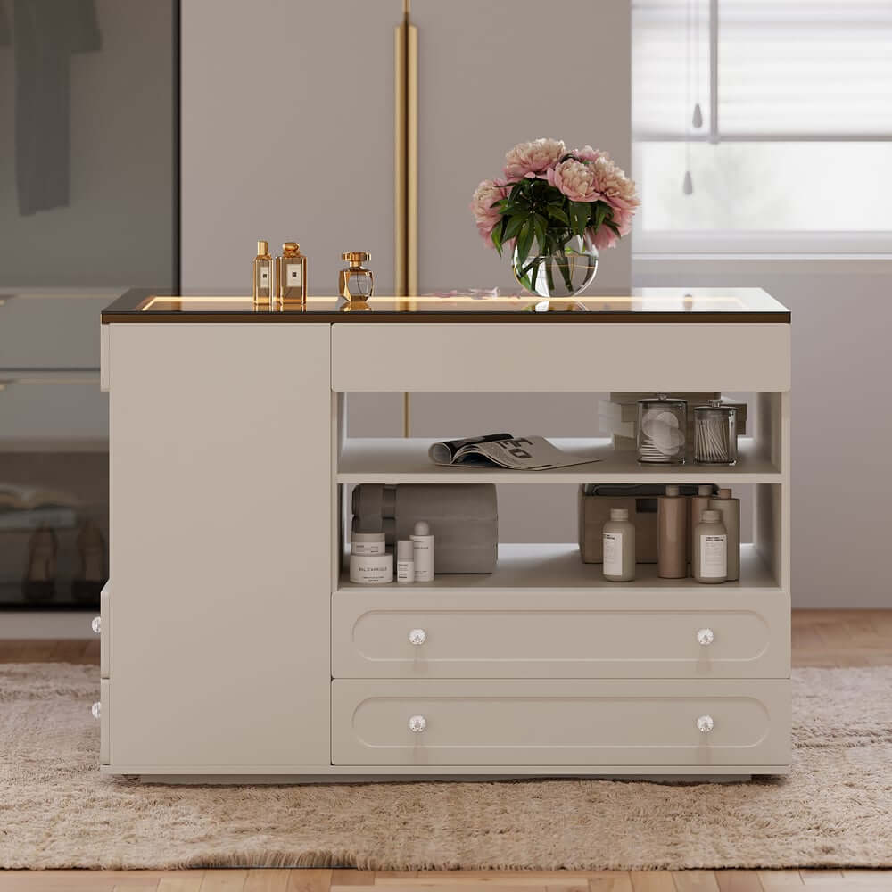 Modern Glass Closet Island with LED Lighting and 9 Drawers
