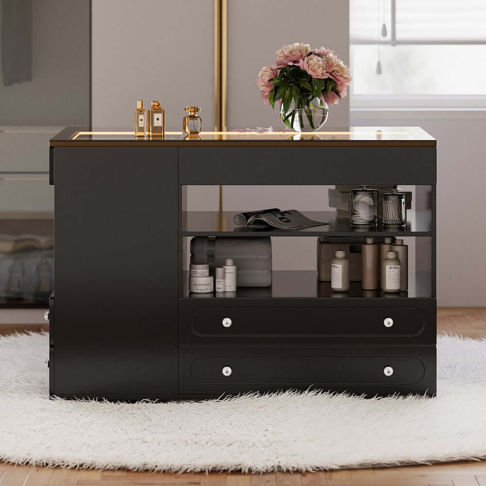 Modern Glass Closet Island with LED Lighting and 9 Drawers