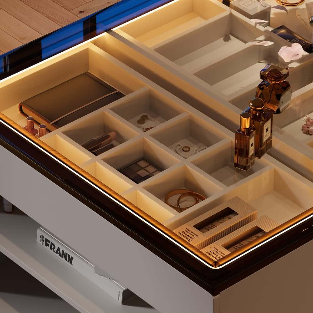 Modern Glass Closet Island with LED Lighting and 9 Drawers