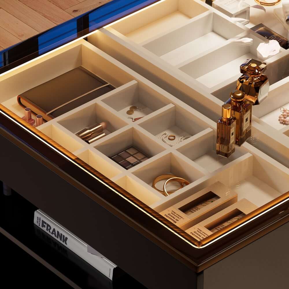 Modern Glass Closet Island with LED Lighting and 9 Drawers