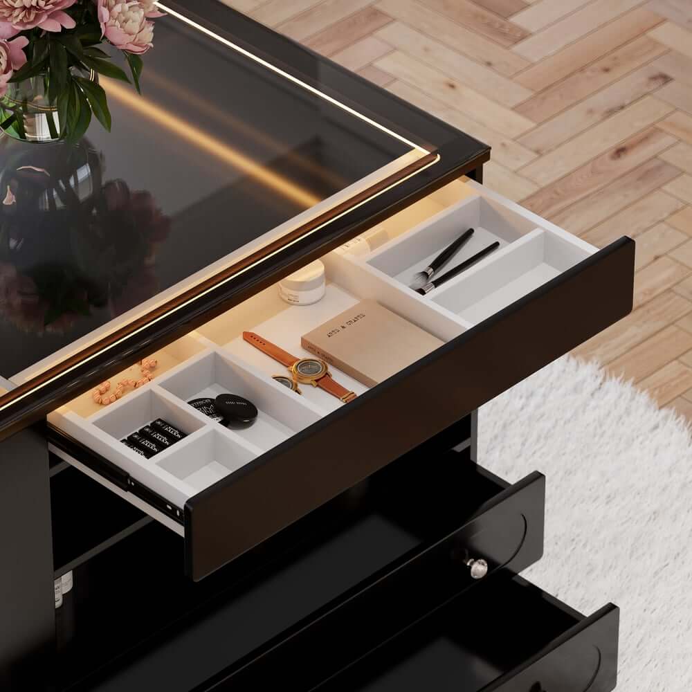 Modern Glass Closet Island with LED Lighting and 9 Drawers