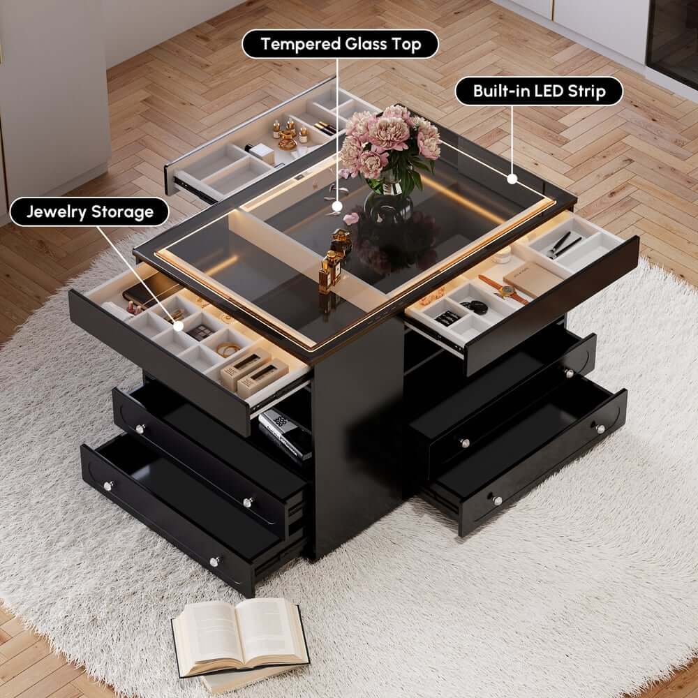 Modern Glass Closet Island with LED Lighting and 9 Drawers