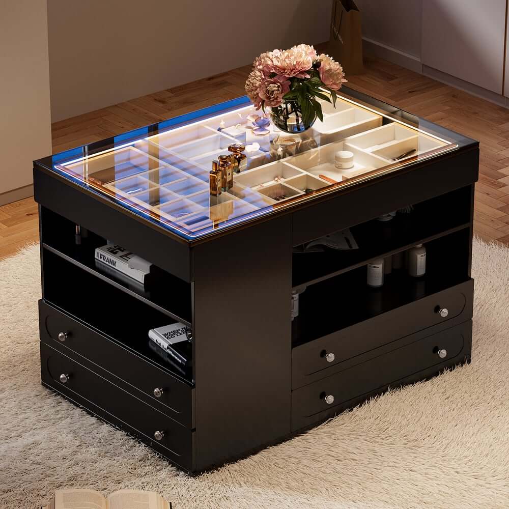 Modern Glass Closet Island with LED Lighting and 9 Drawers