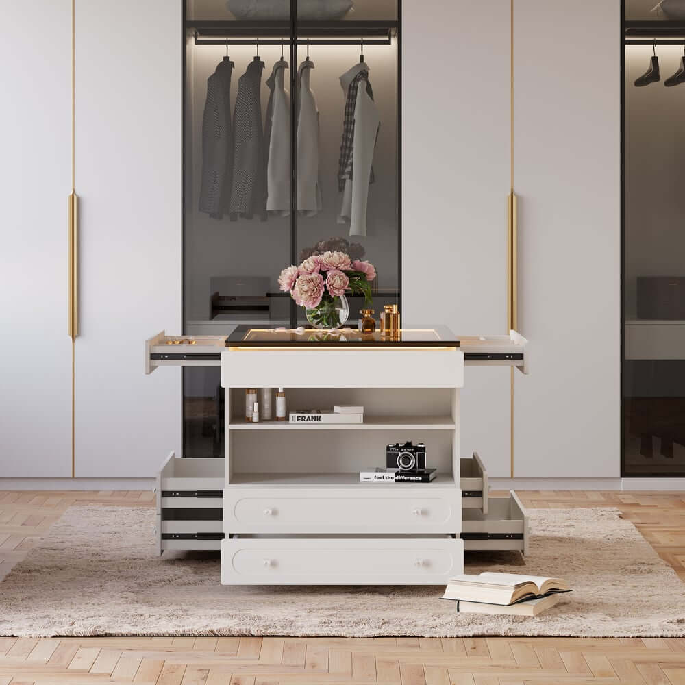 Modern Glass Closet Island with LED Lighting and 9 Drawers