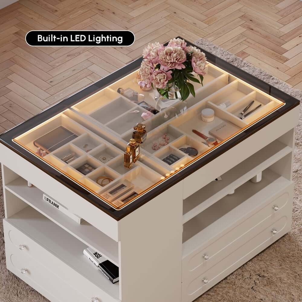Modern Glass Closet Island with LED Lighting and 9 Drawers