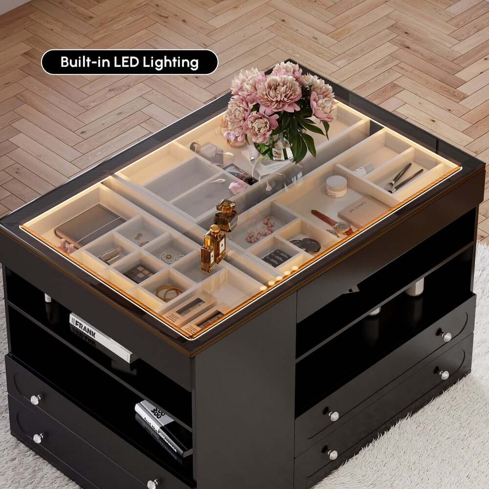 Modern Glass Closet Island with LED Lighting and 9 Drawers