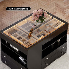 Modern Glass Closet Island with LED Lighting and 9 Drawers