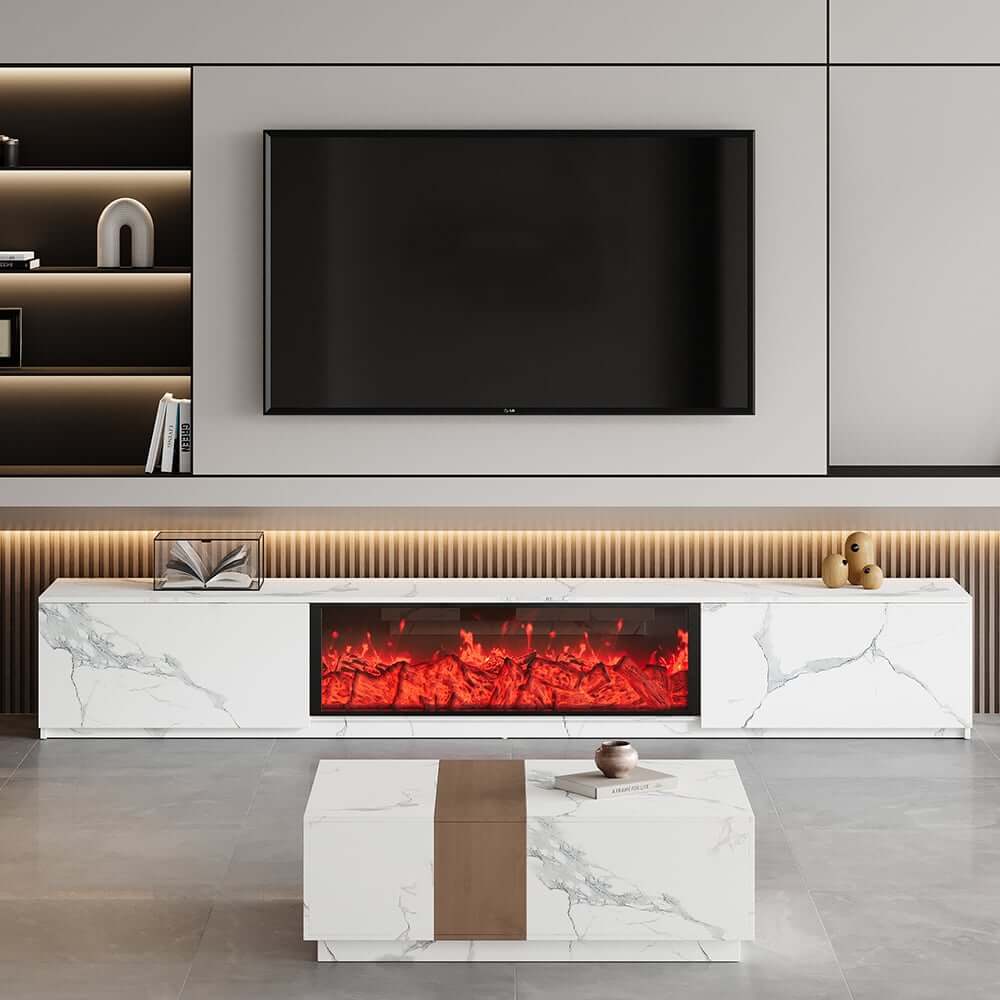 Modern Glossy White Fireplace TV Stand, 2 Drawers