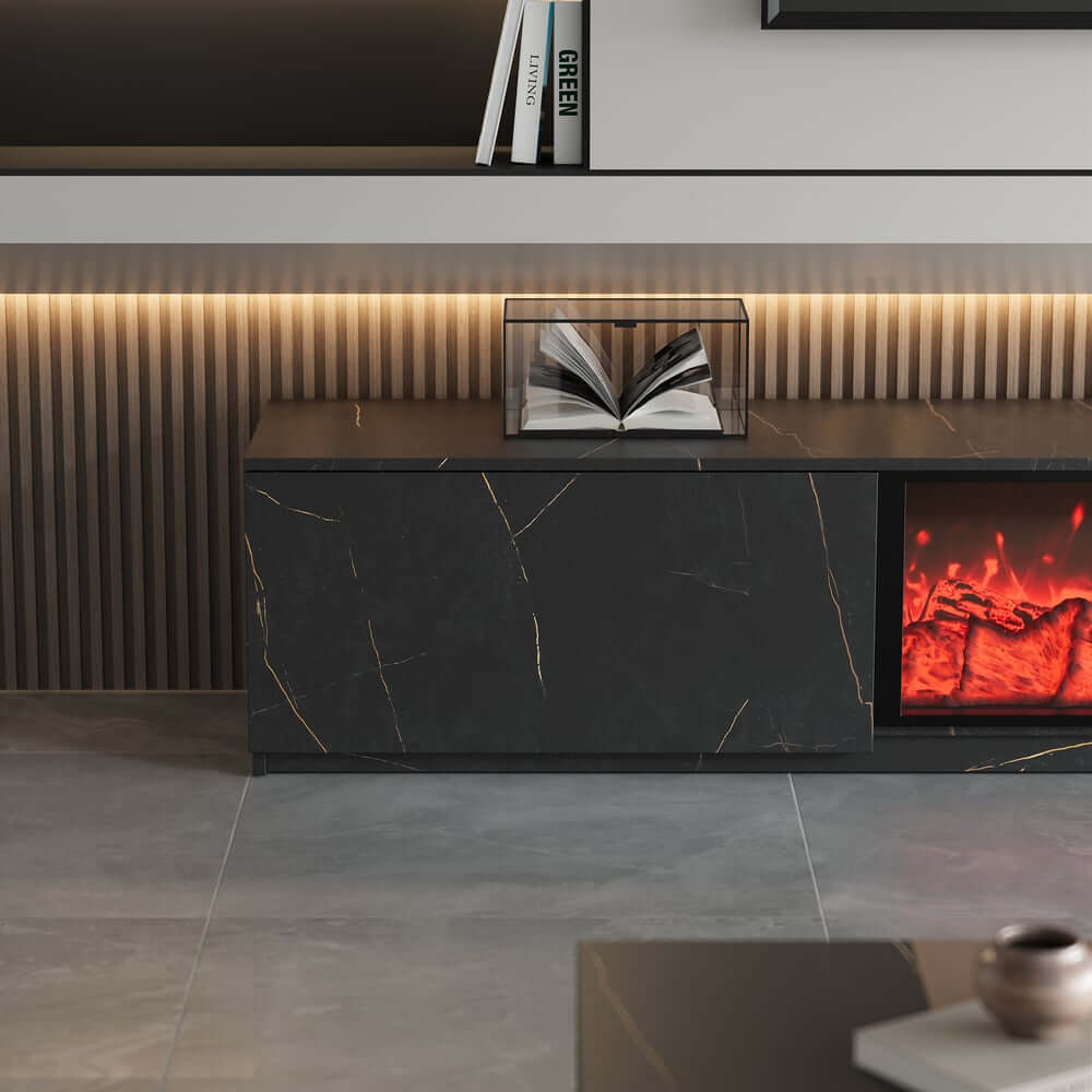 Modern Glossy White Fireplace TV Stand, 2 Drawers