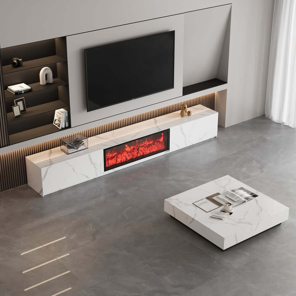 Modern Glossy White Fireplace TV Stand, 2 Drawers