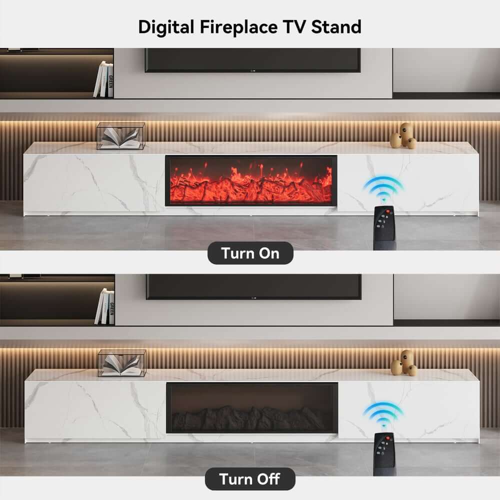 Modern Glossy White Fireplace TV Stand, 2 Drawers