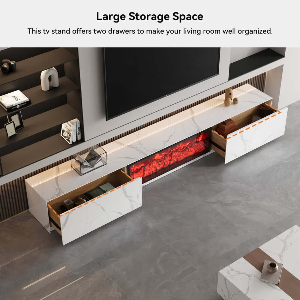 Modern Glossy White Fireplace TV Stand, 2 Drawers