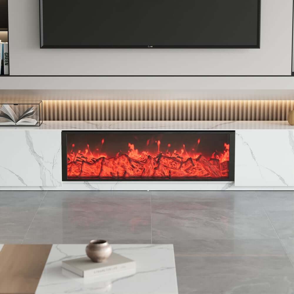 Modern Glossy White Fireplace TV Stand, 2 Drawers