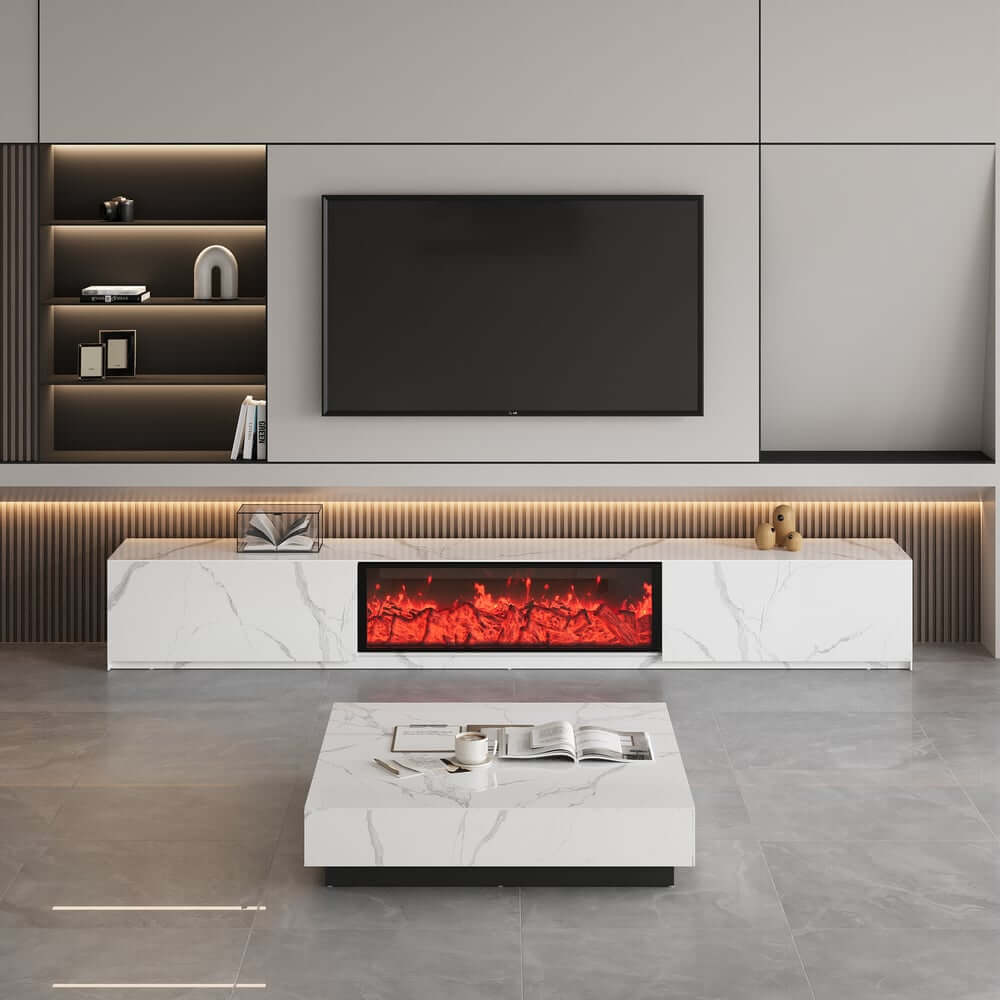 Modern Glossy White Fireplace TV Stand, 2 Drawers