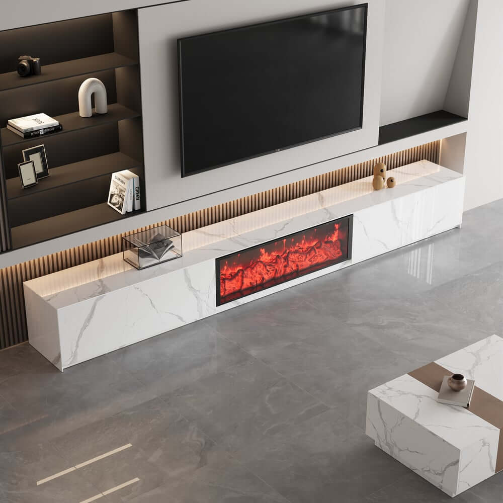 Modern Glossy White Fireplace TV Stand, 2 Drawers