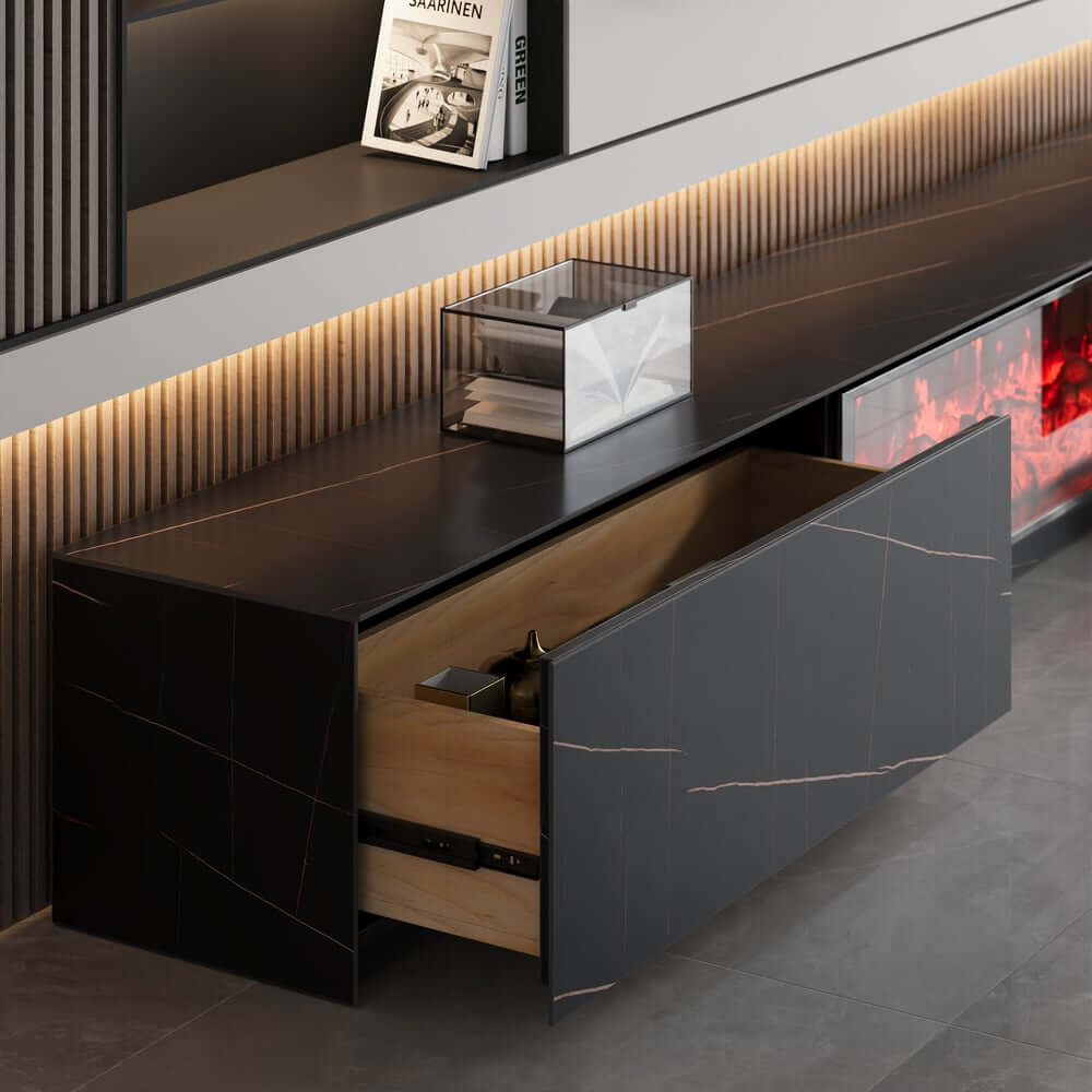 Modern Glossy White Fireplace TV Stand, 2 Drawers