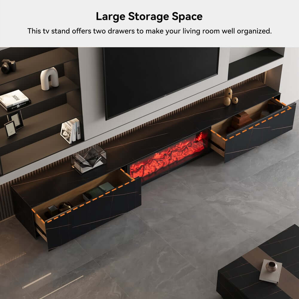 Modern Glossy White Fireplace TV Stand, 2 Drawers