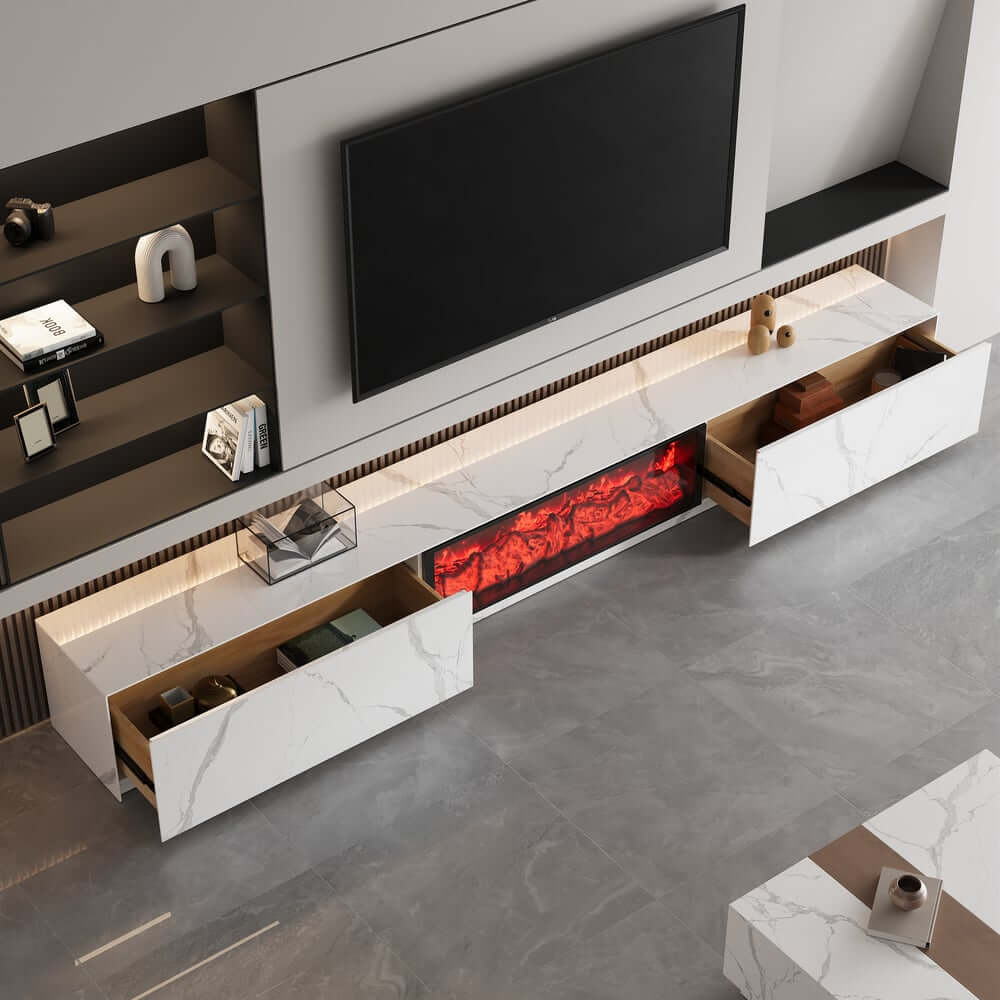 Modern Glossy White Fireplace TV Stand, 2 Drawers