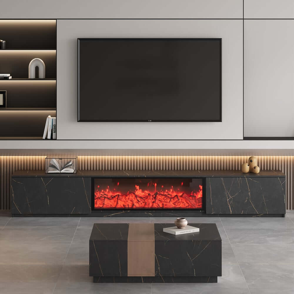 Modern Glossy White Fireplace TV Stand, 2 Drawers