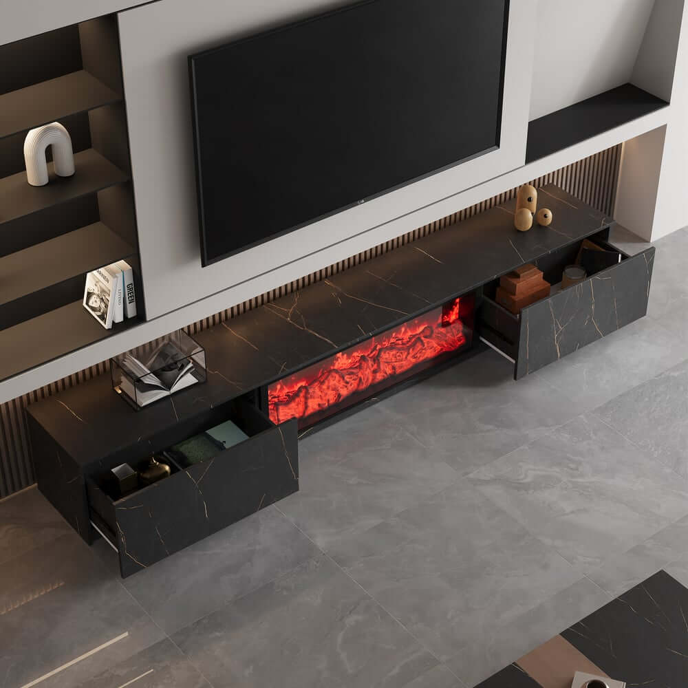 Modern Glossy White Fireplace TV Stand, 2 Drawers