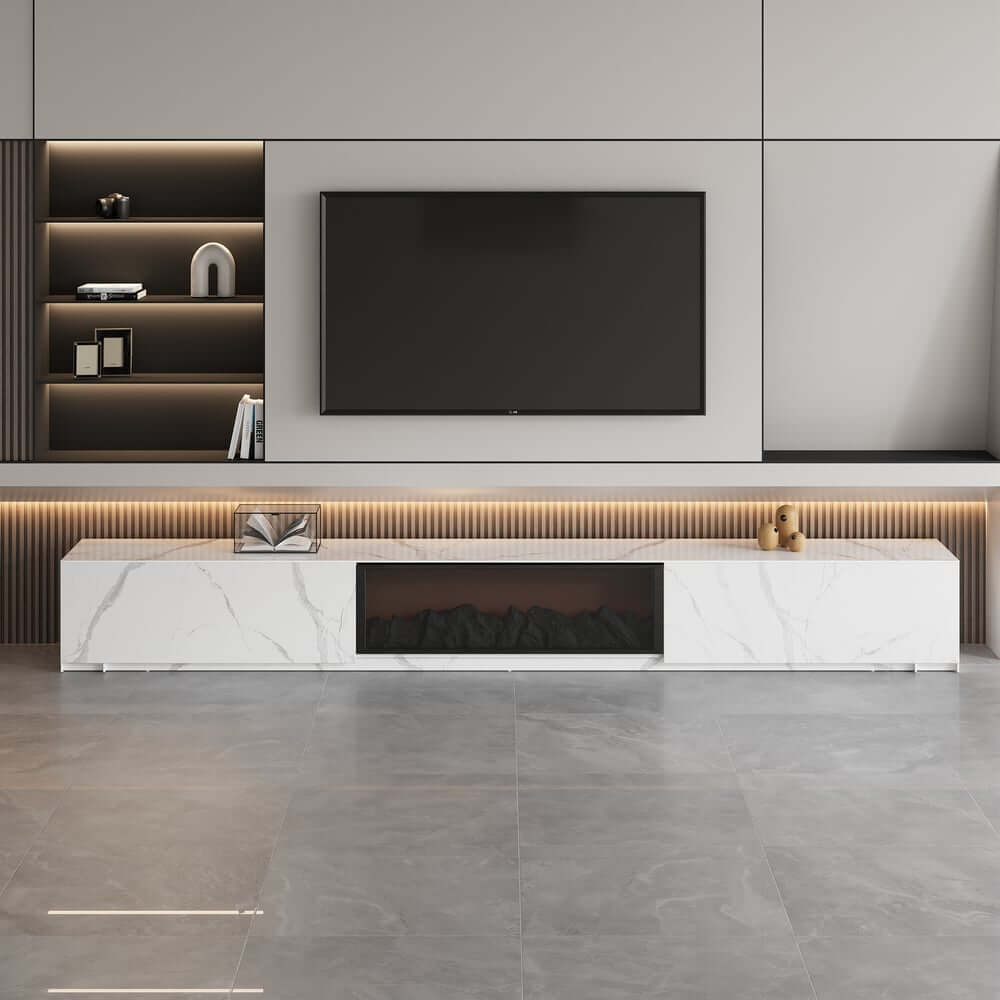 Modern Glossy White Fireplace TV Stand, 2 Drawers