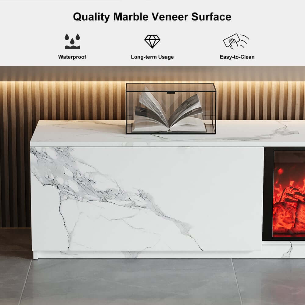 Modern Glossy White Fireplace TV Stand, 2 Drawers
