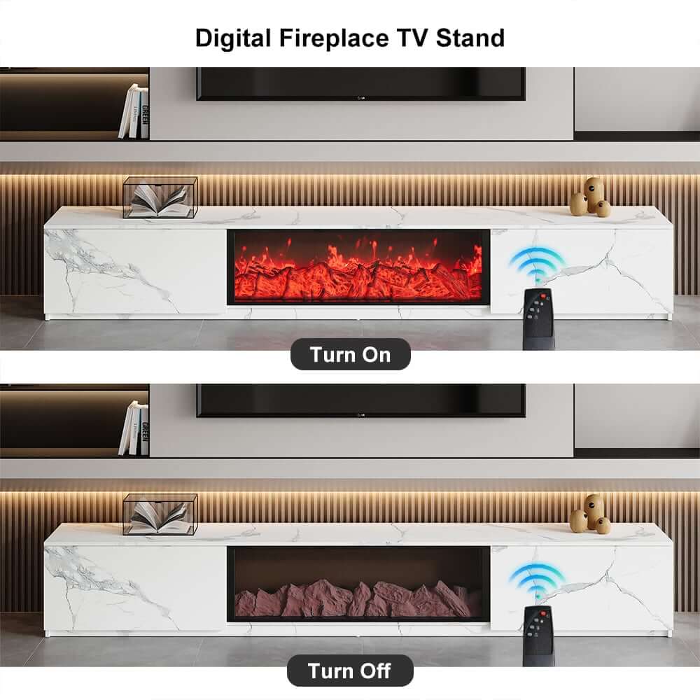 Modern Glossy White Fireplace TV Stand, 2 Drawers