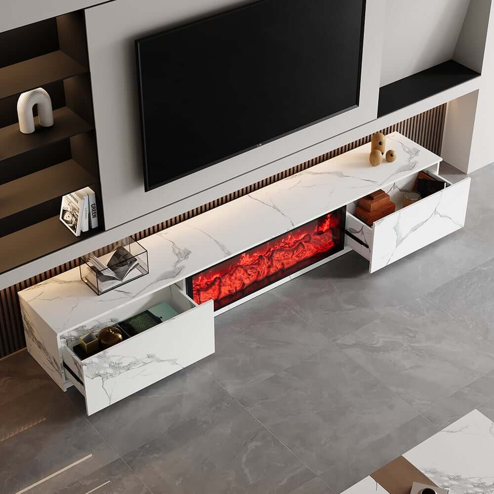 Modern Glossy White Fireplace TV Stand, 2 Drawers