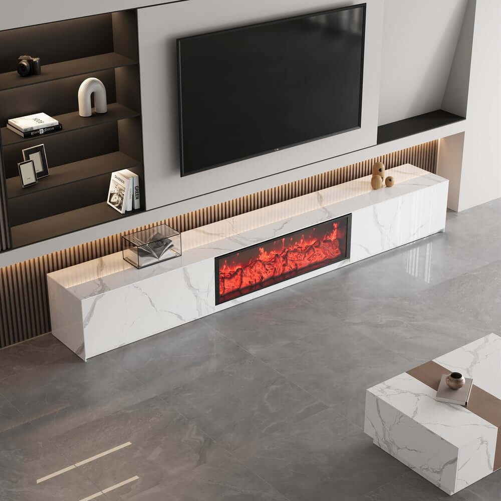 Modern Glossy White Fireplace TV Stand, 2 Drawers