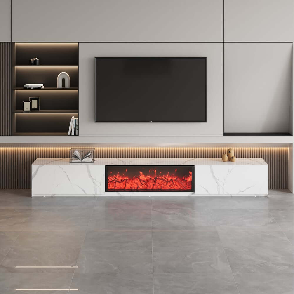 Modern Glossy White Fireplace TV Stand, 2 Drawers