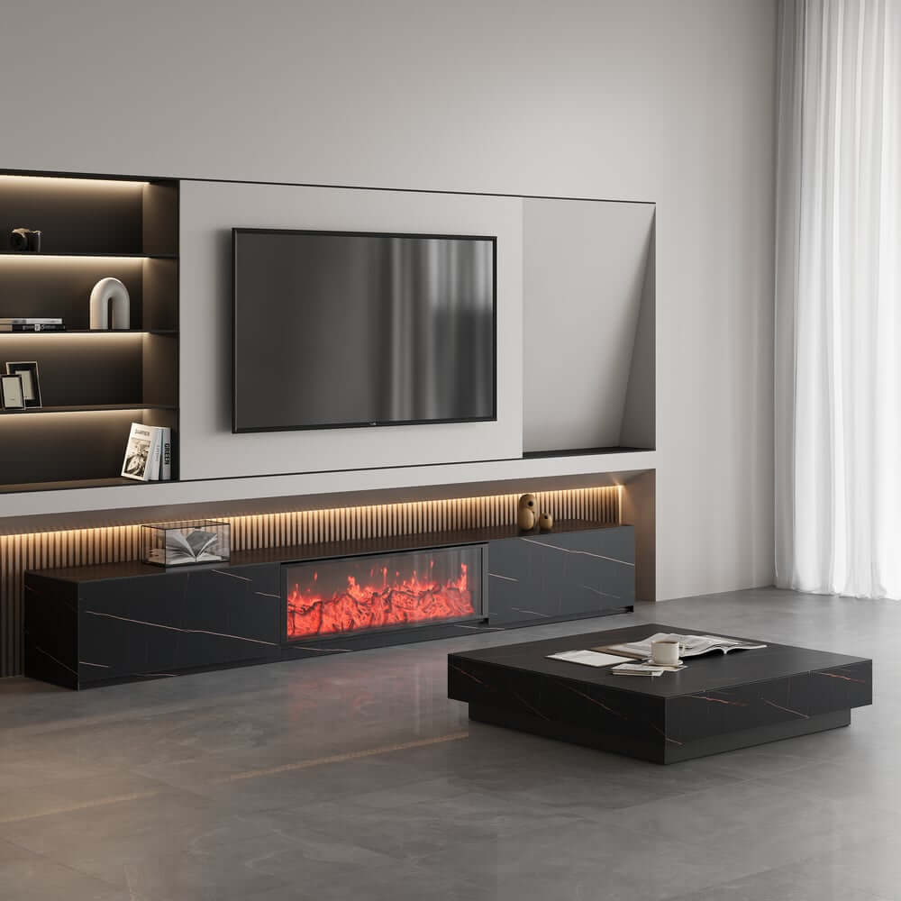 Modern Glossy White Fireplace TV Stand, 2 Drawers