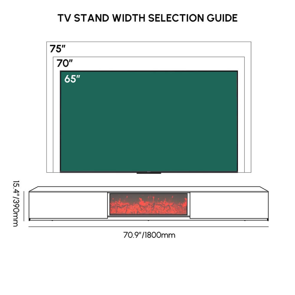 Modern Glossy White Fireplace TV Stand, 2 Drawers Dimensions