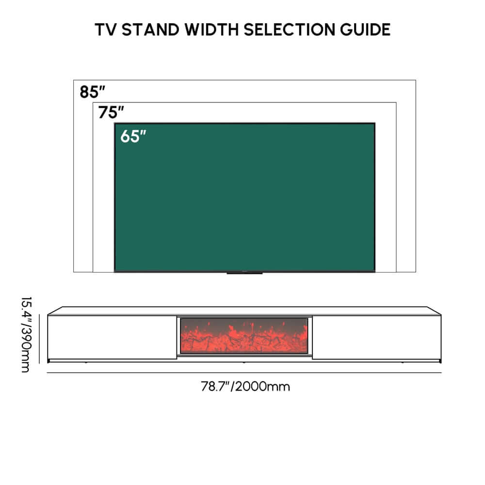 Modern Glossy White Fireplace TV Stand, 2 Drawers Dimensions