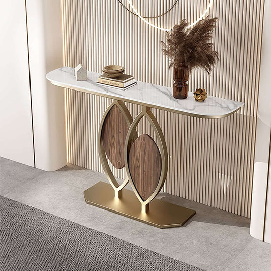 Modern Glossy White Sintered Stone Console Table with Gold Base Main Product Image