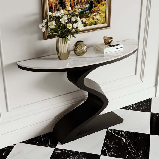 Modern Glossy White Sintered Stone Half Moon Console Table Main Product Image