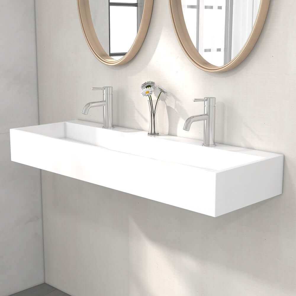 Modern Glossy White Stone Resin Wall Mounted Double Sink