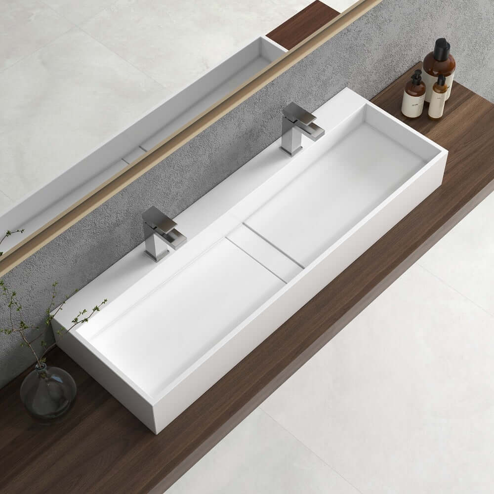 Modern Glossy White Stone Resin Wall Mounted Double Sink Main Product Image