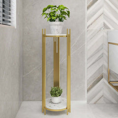 Modern Gold 2-Tier Round Metal Plant Stand with White Marble-Look Trays