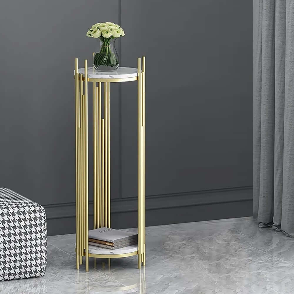 Modern Gold 2-Tier Round Metal Plant Stand with White Marble-Look Trays