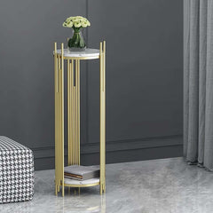 Modern Gold 2-Tier Round Metal Plant Stand with White Marble-Look Trays