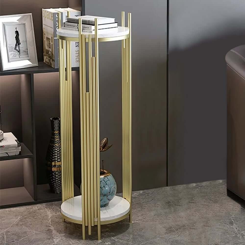 Modern Gold 2-Tier Round Metal Plant Stand with White Marble-Look Trays