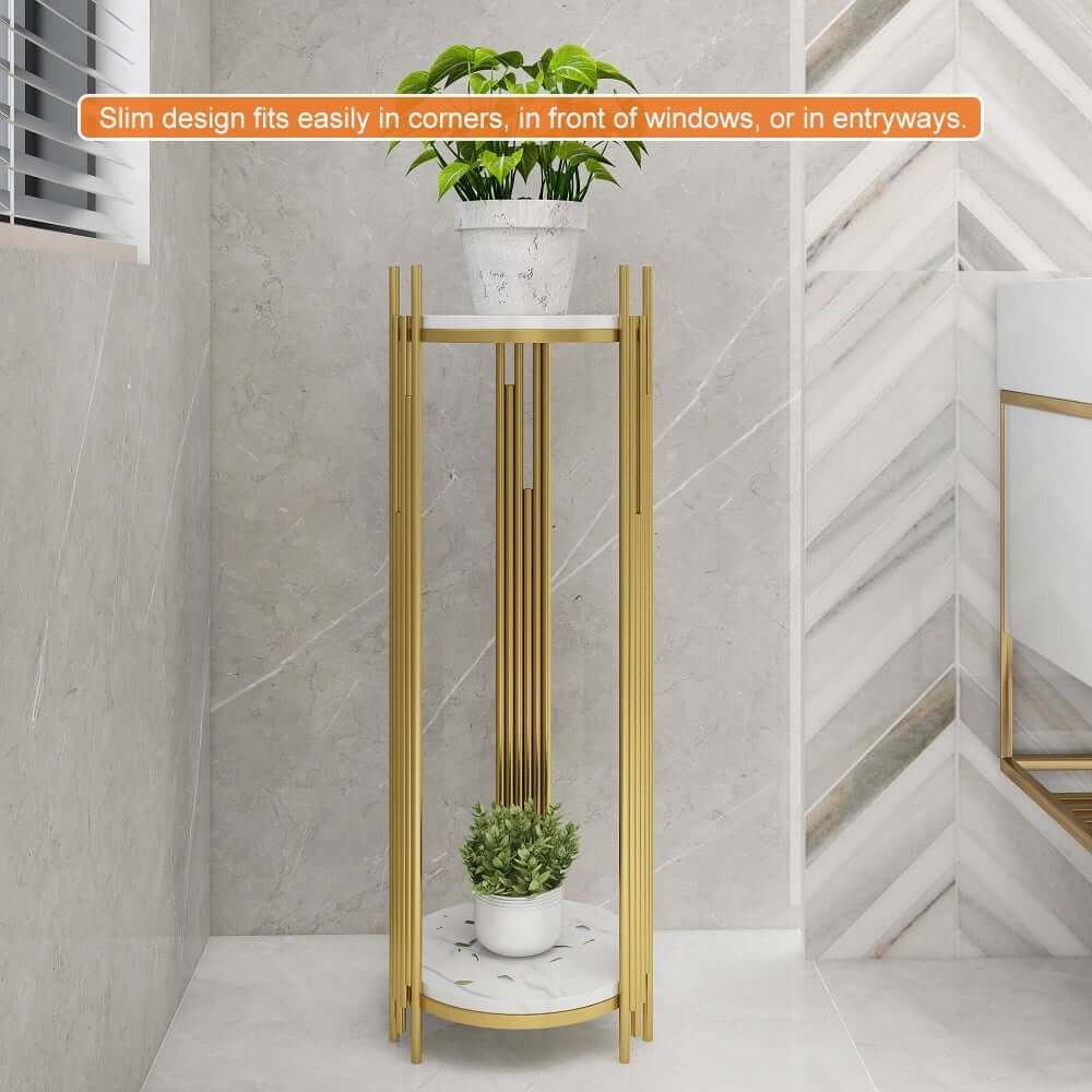 Modern Gold 2-Tier Round Metal Plant Stand with White Marble-Look Trays